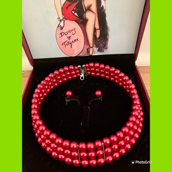 Tatyana Faux Pearl Choker and Studs Set Red PinUp - Picture 2 of 2